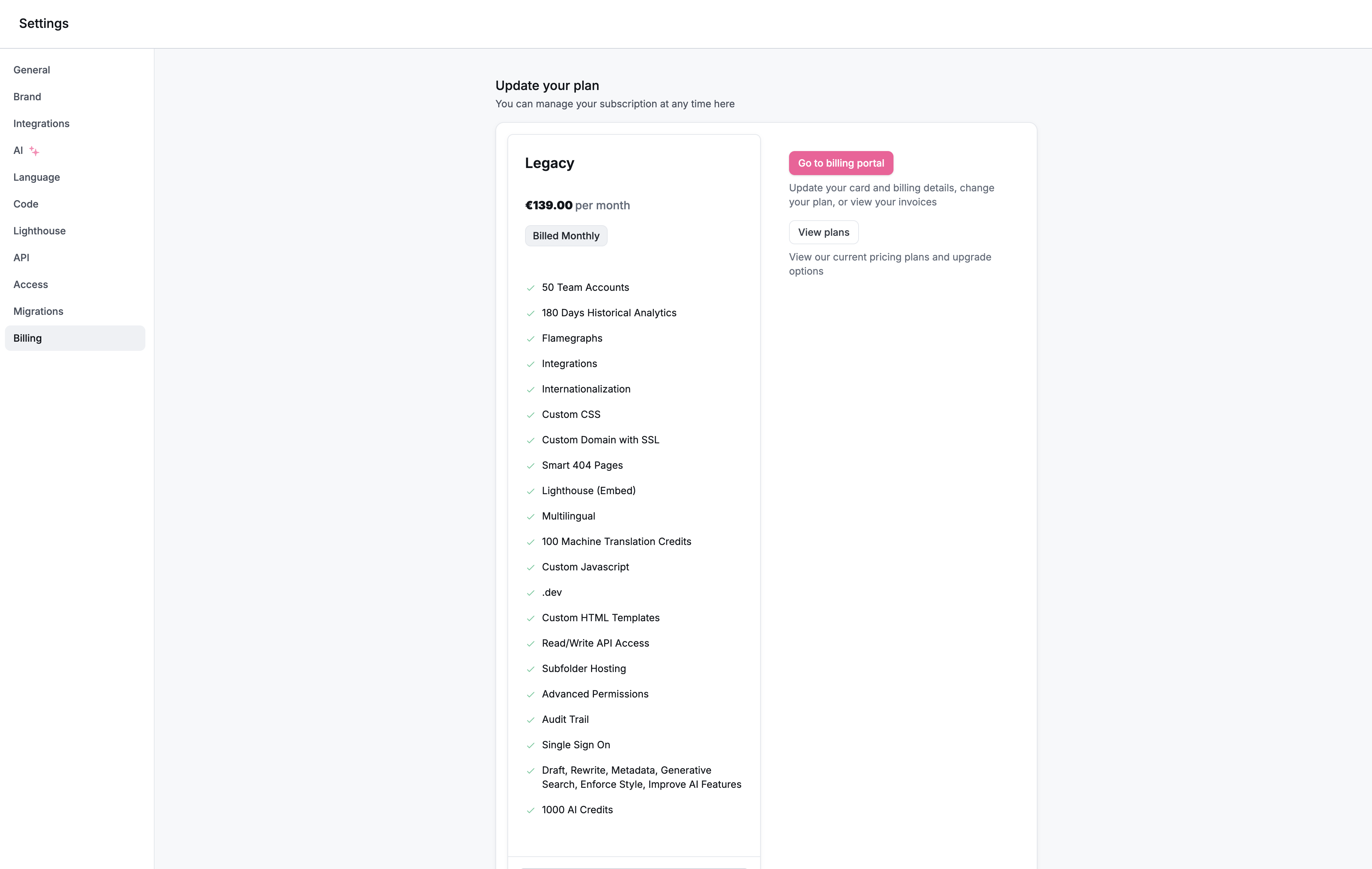 Screenshot of billing page