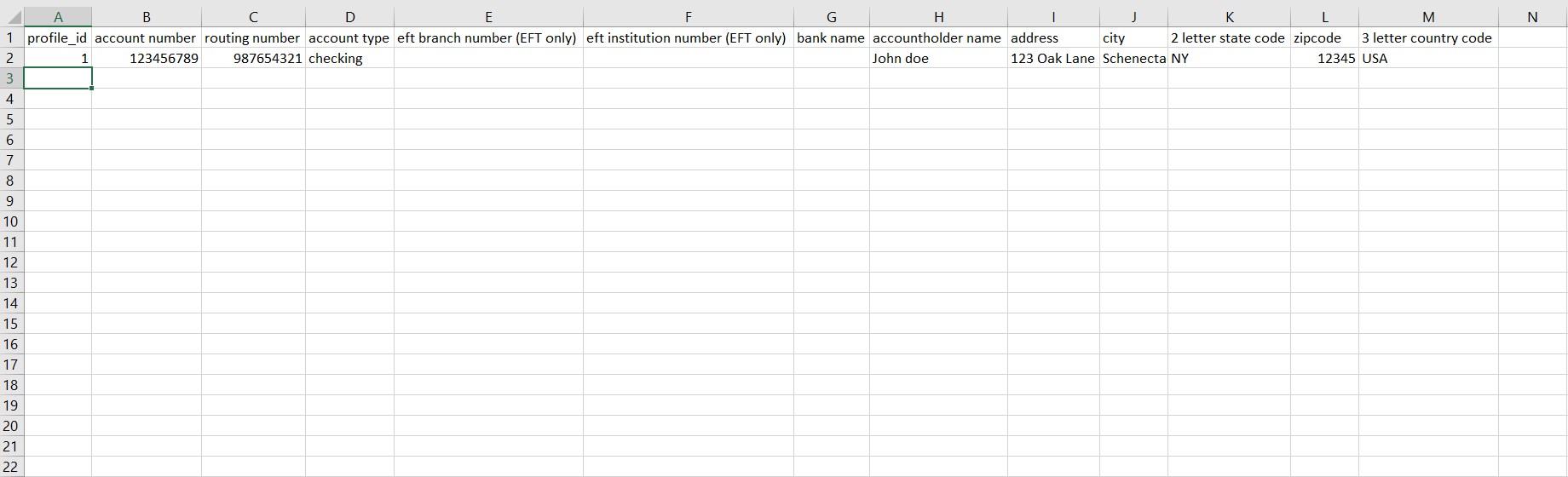 An excel sheet with fields listed at the tops of each column. The fields are listed in the table below this image.