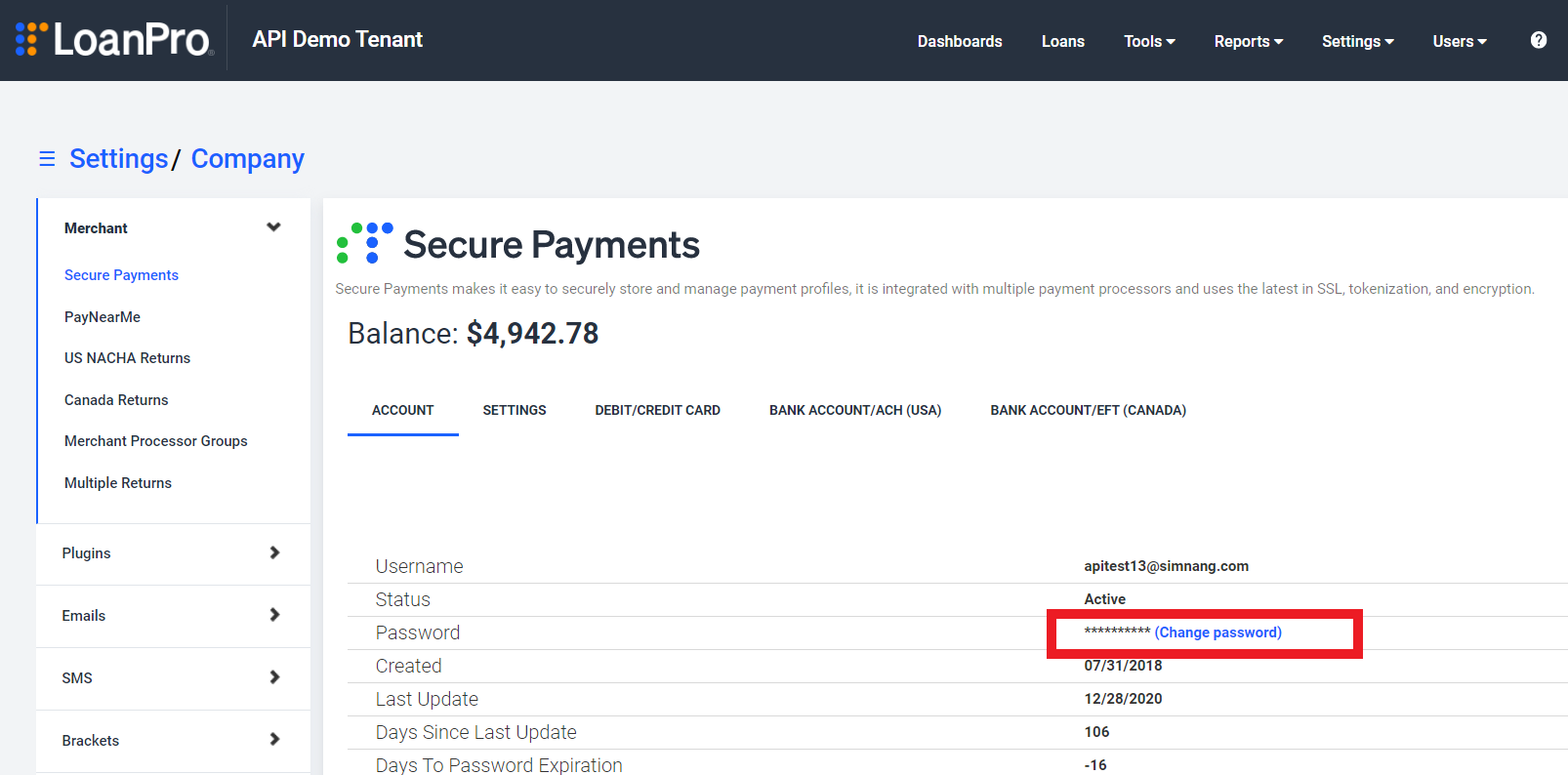 The Secure Payments account page within LoanPro's Company settings. A box highlights the Change Password option.