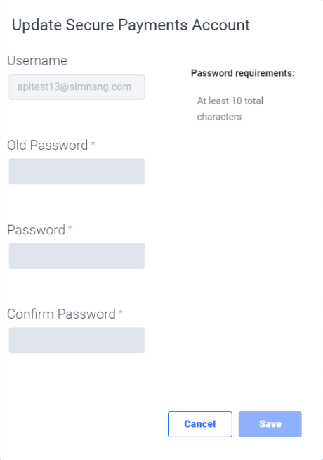 The pop-up window to change a Secure Payment account's password. Fields include Username, Old Password, New Password, and Confirm New Password.