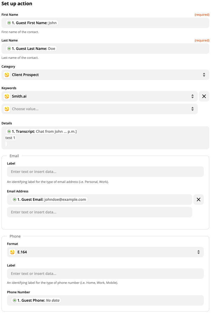 A screenshot of the Zapier dashboard showing Daylite input fields populated with Smith.ai data.