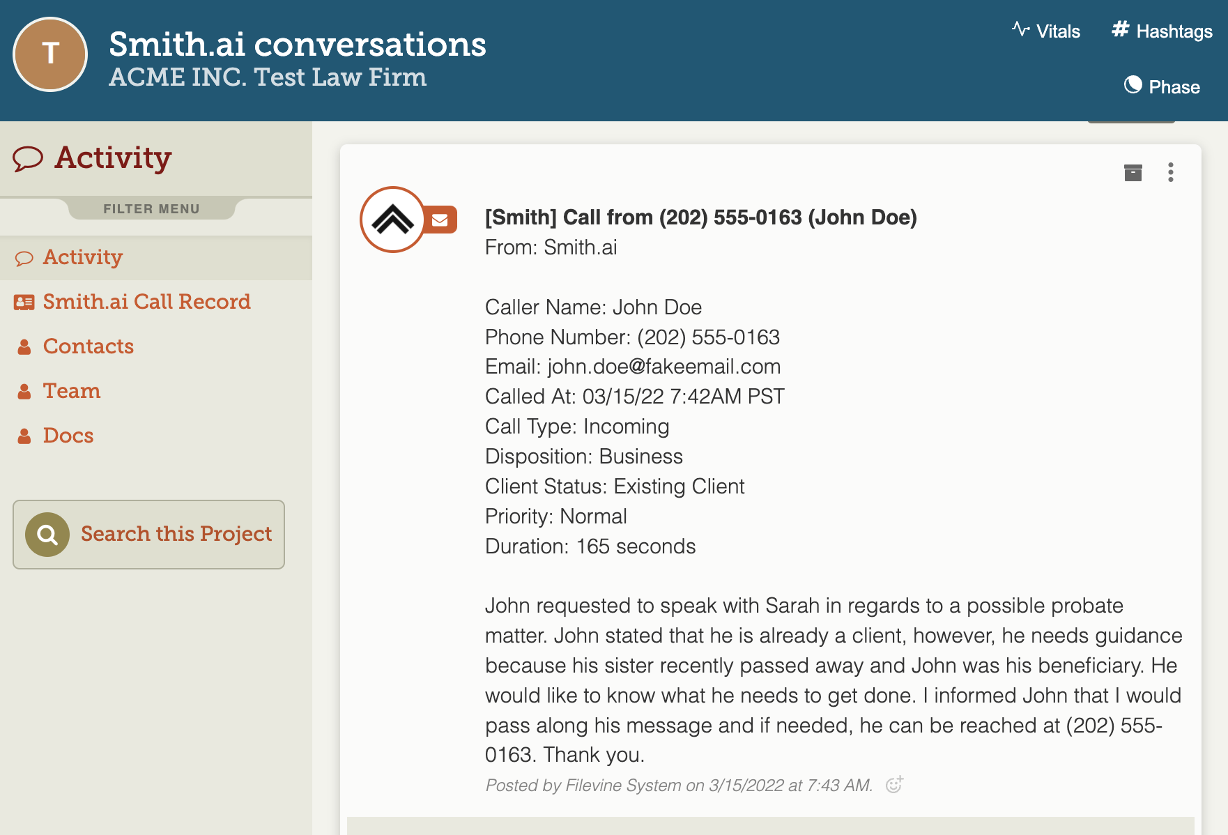 filevine smith.ai integration showing a call in the activity log