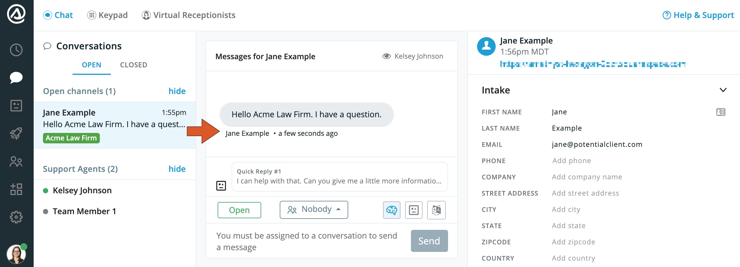 Smith.ai Web Chat dashboard with fields for conversations, messages, and contact information.