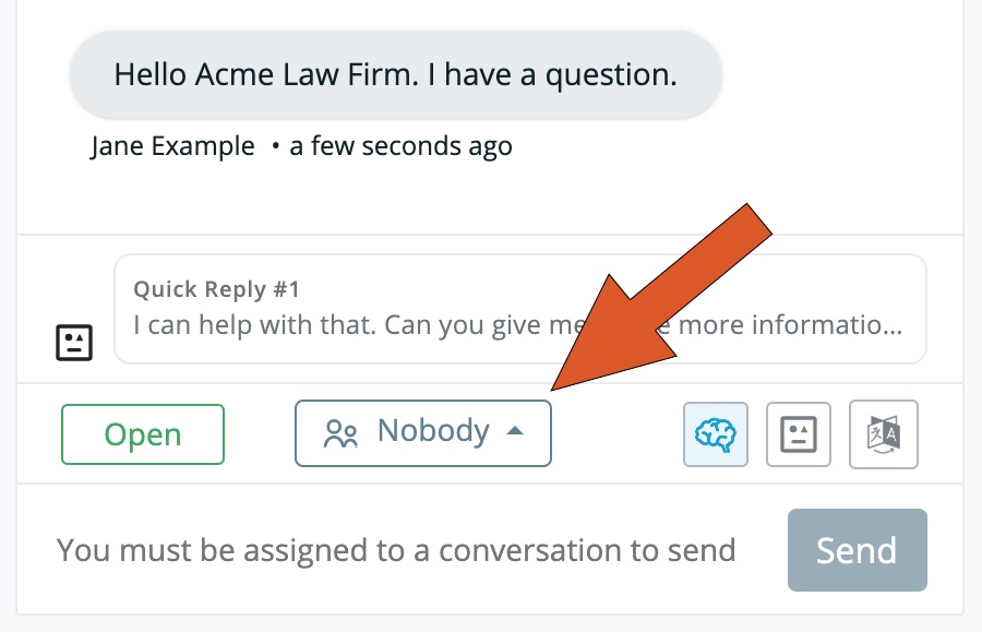 Smith.ai Web Chat dashboard with the messaging view and an arrow pointing to "Nobody."