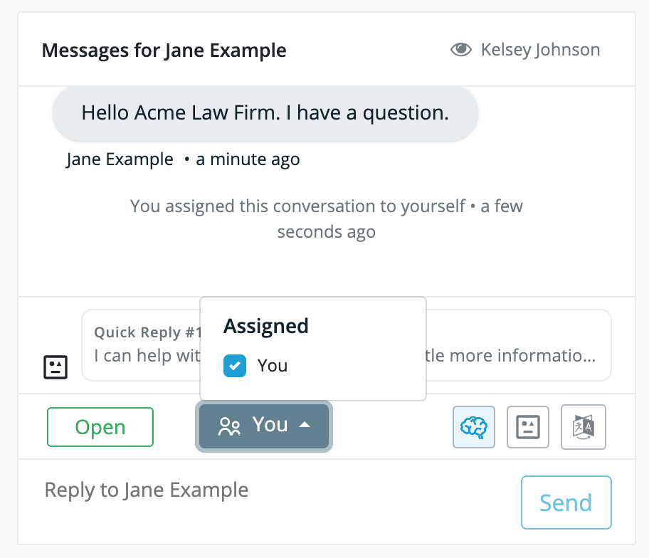 Smith.ai Web Chat dashboard, message view, with a popup window allowing you to check "you" under "Assigned."