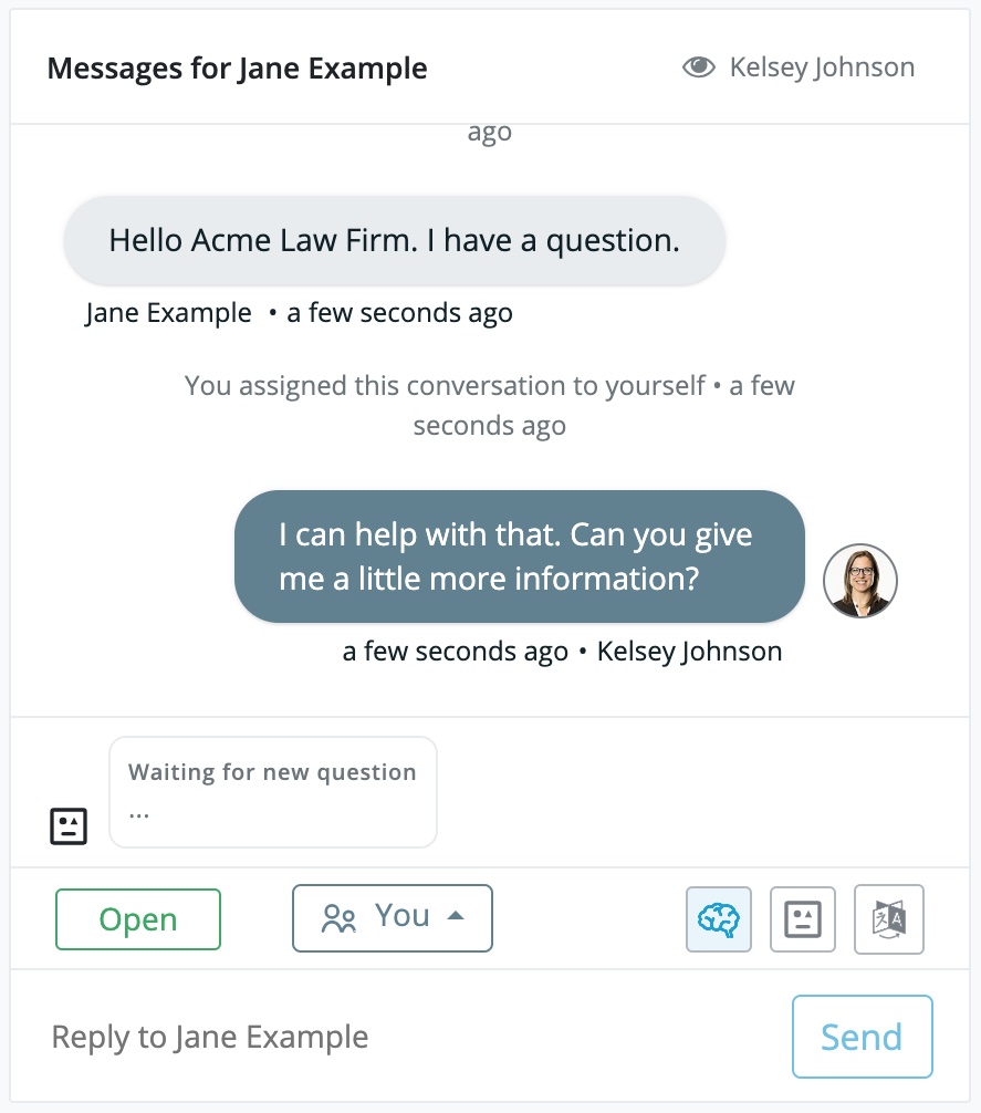 A short example conversation on the Smith.ai Web Chat dashboard.