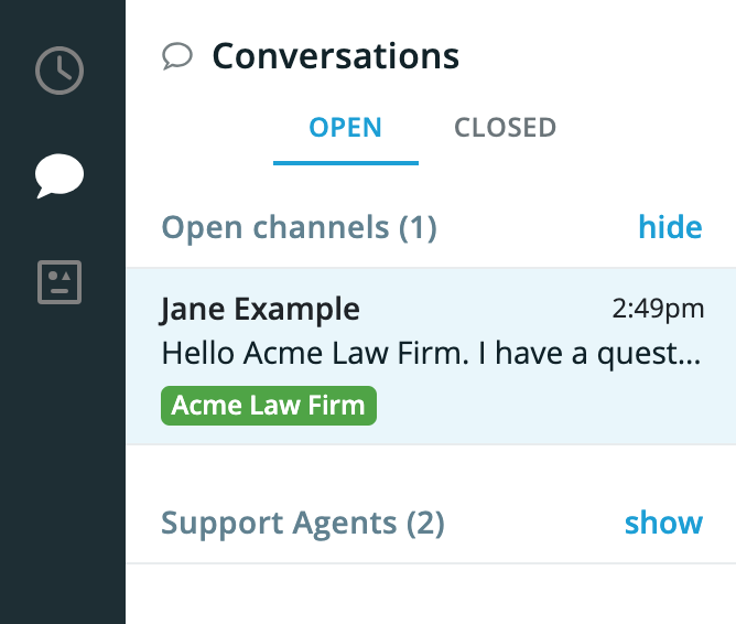 An open channel with Jane Example on the Smith.ai Web Chat dashboard.