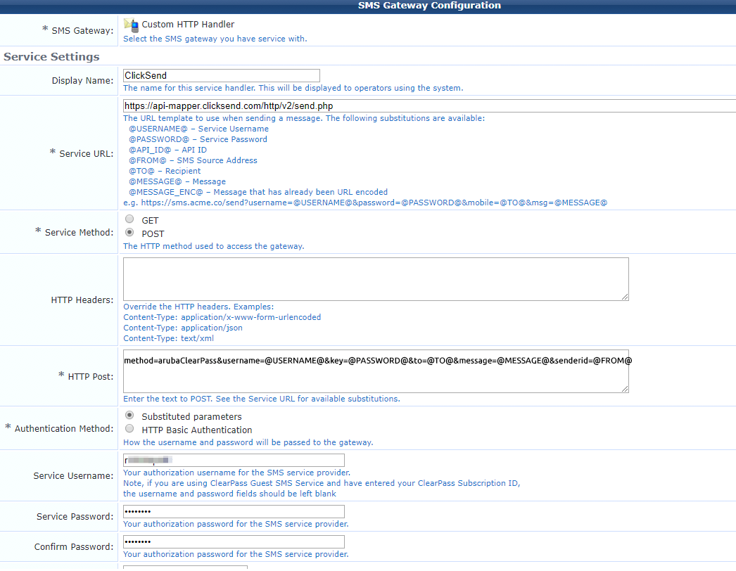 Send SMS with Aruba ClearPass - ClickSend Help Docs