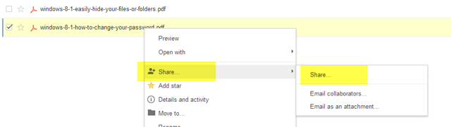 Right click the file you want to share in Google Drive and select Share