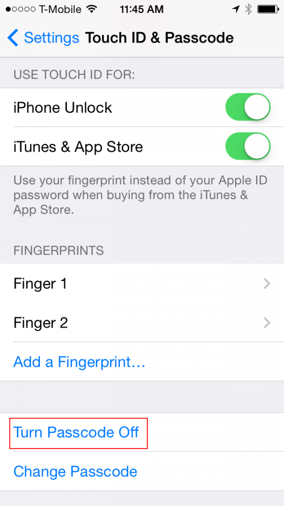 Turn off passcode on iPhone