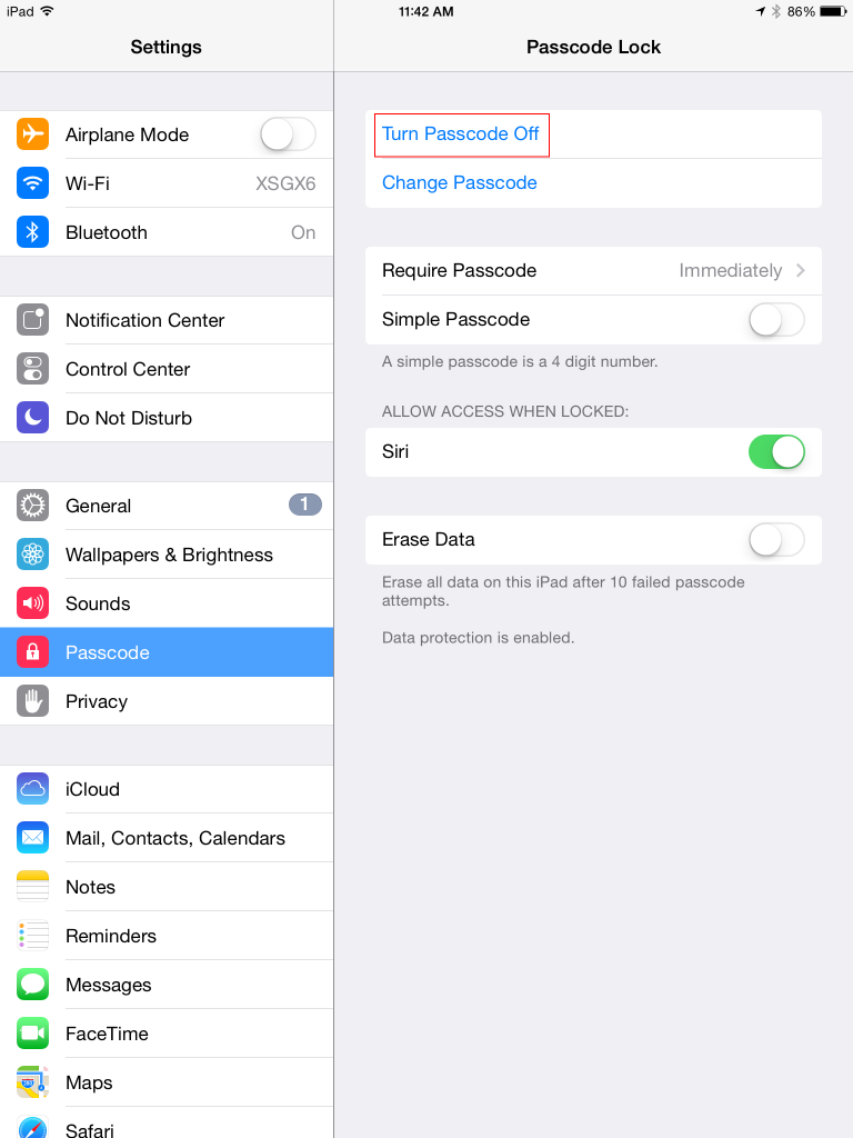 Turn off passcode on iPad