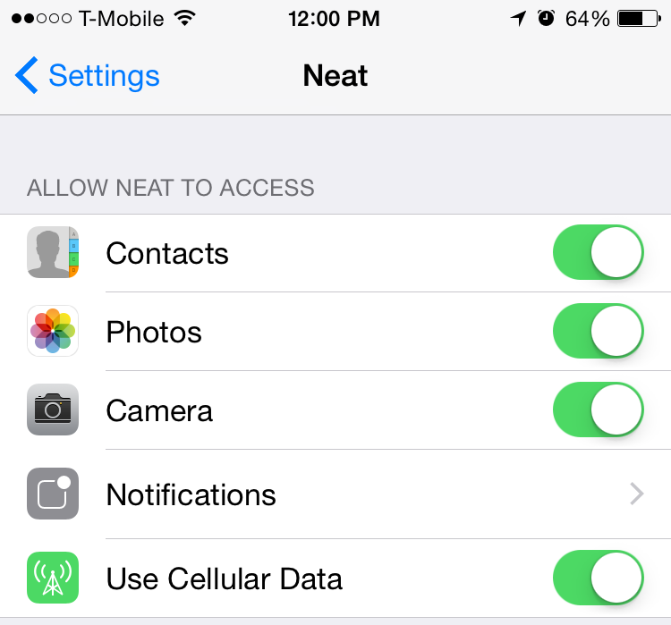mobile neat app settings
