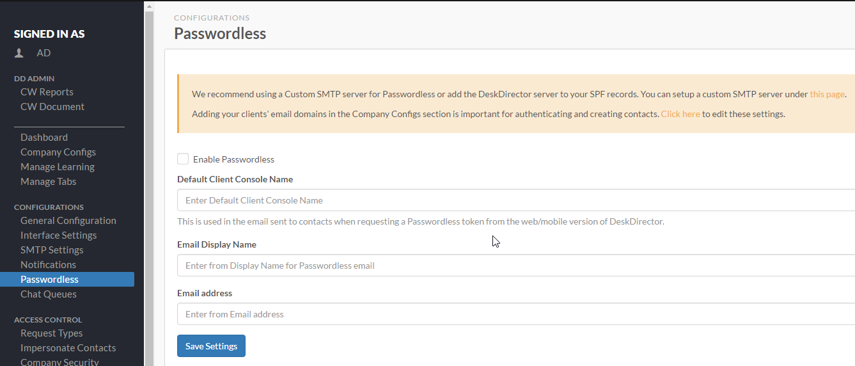 1. Enable Passwordless in the Admin Console