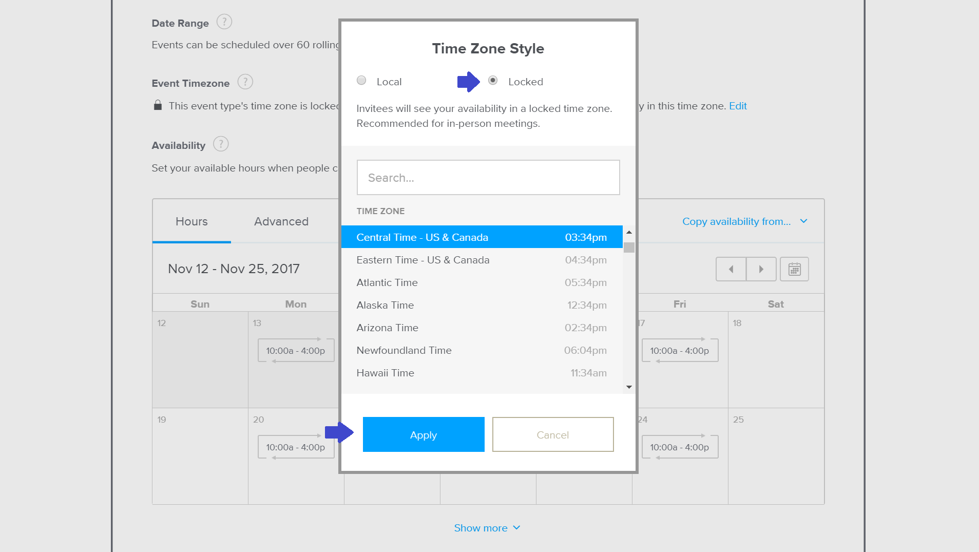 Calendly timezone settings