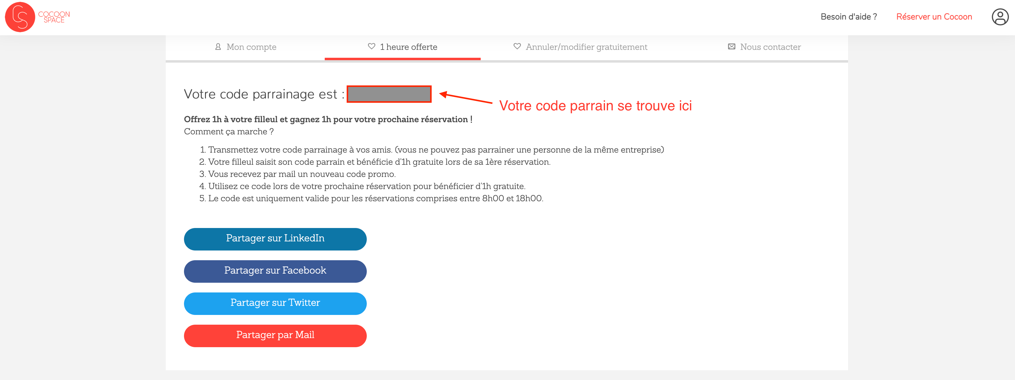 Utiliser un code promotionnel FAQ Cocoon Space
