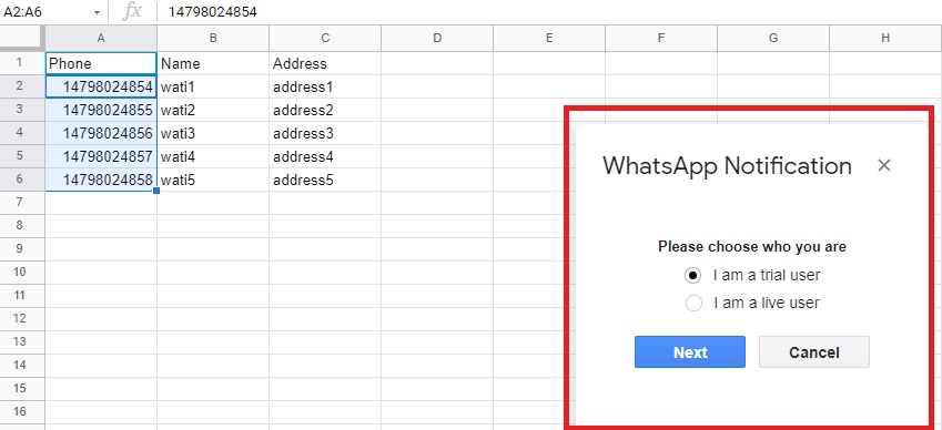 Como Usar - Passo 3: Google Spreadsheet Sender. API WATI, WhatsApp