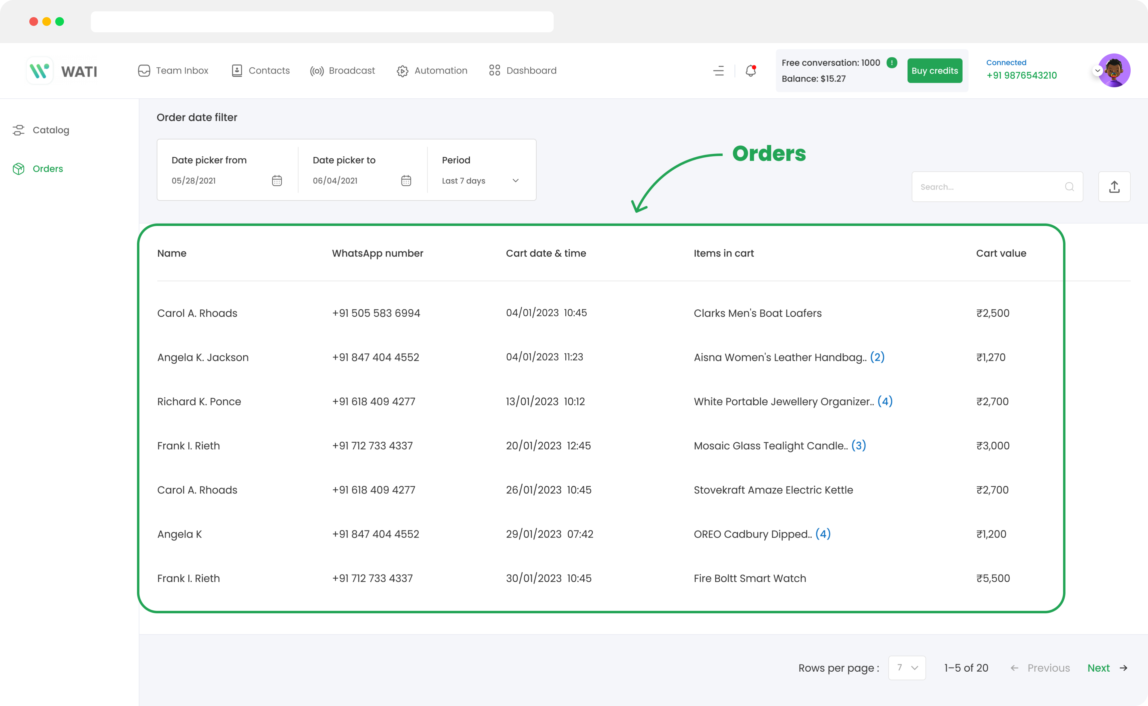 Orders page to display Catalog orders WATI Knowledge Base