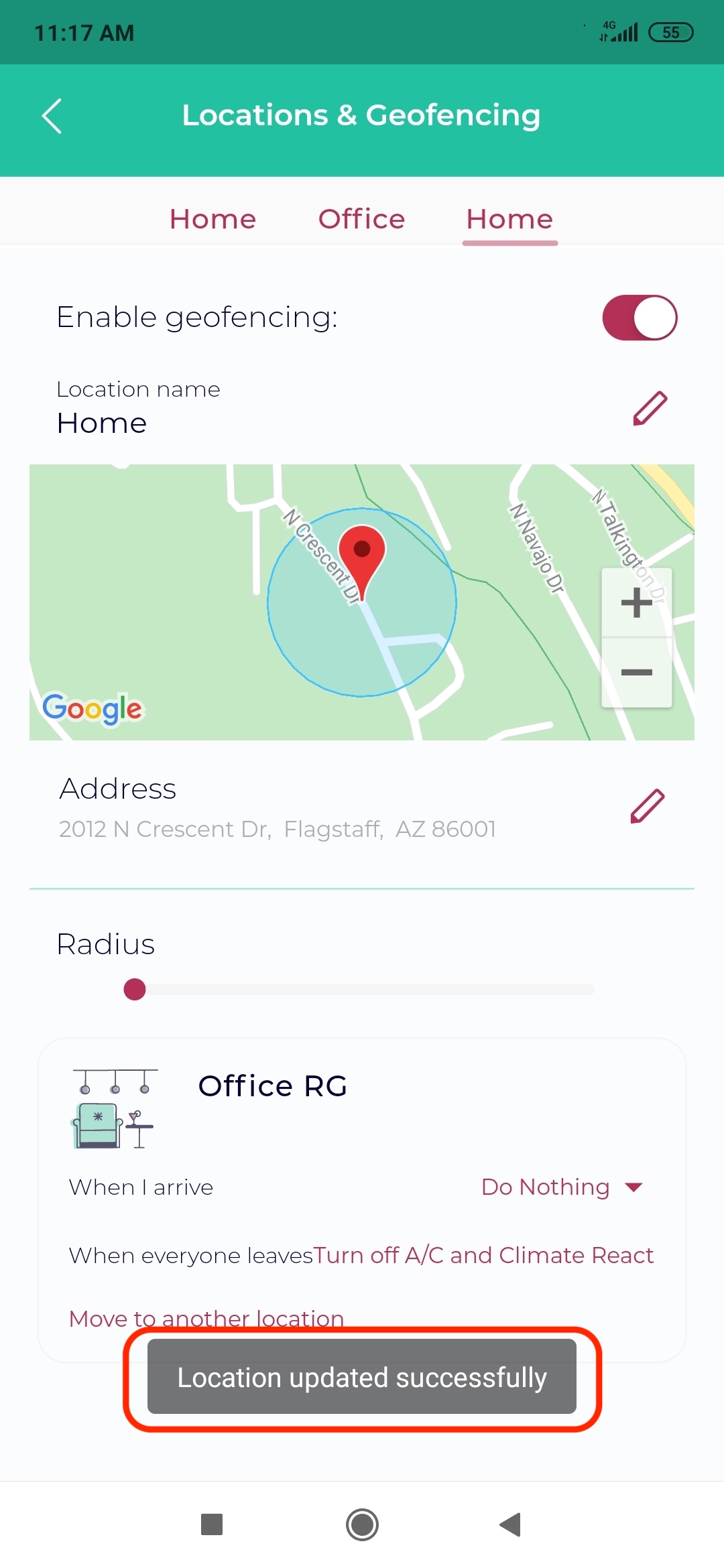 Sensibo location updated successfully notification