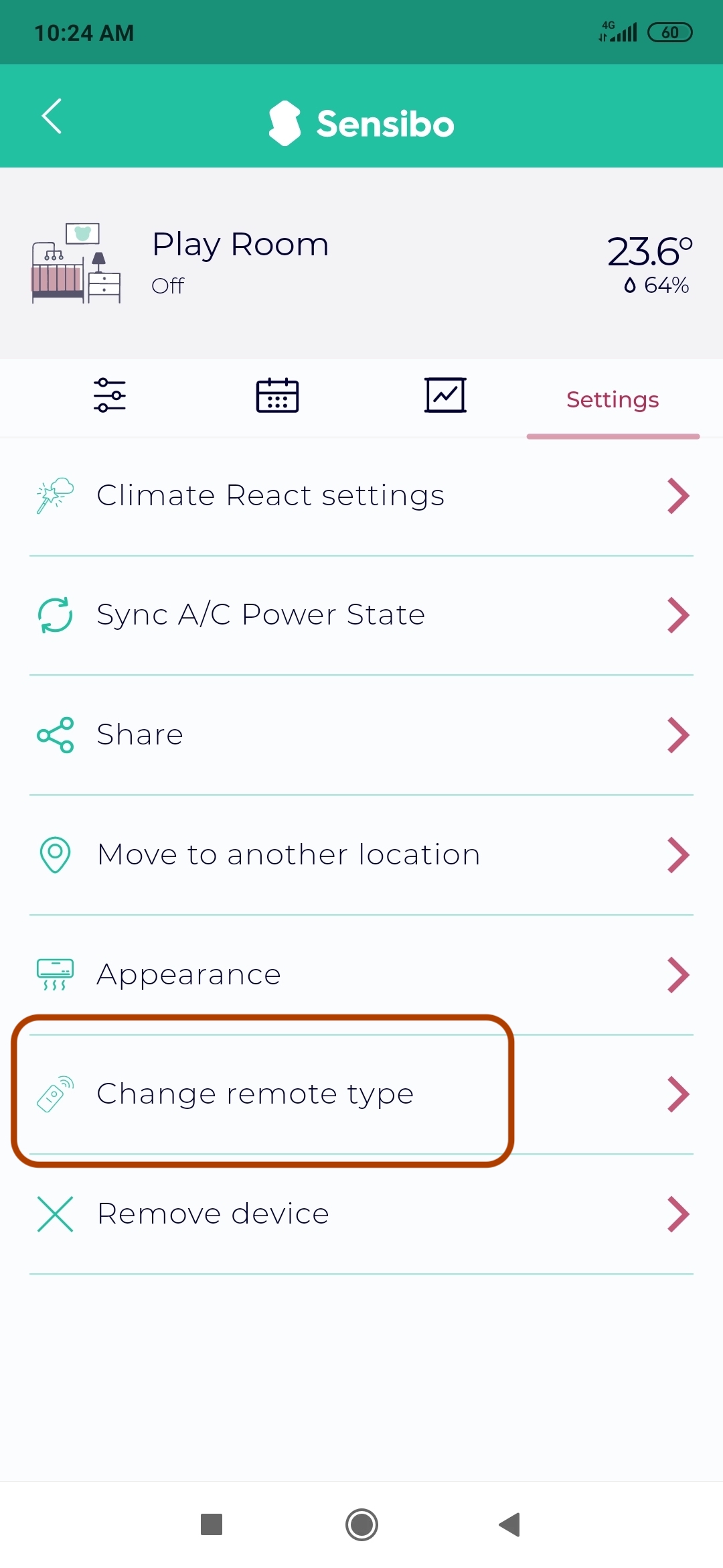 Sensibo device settings menu change remote type