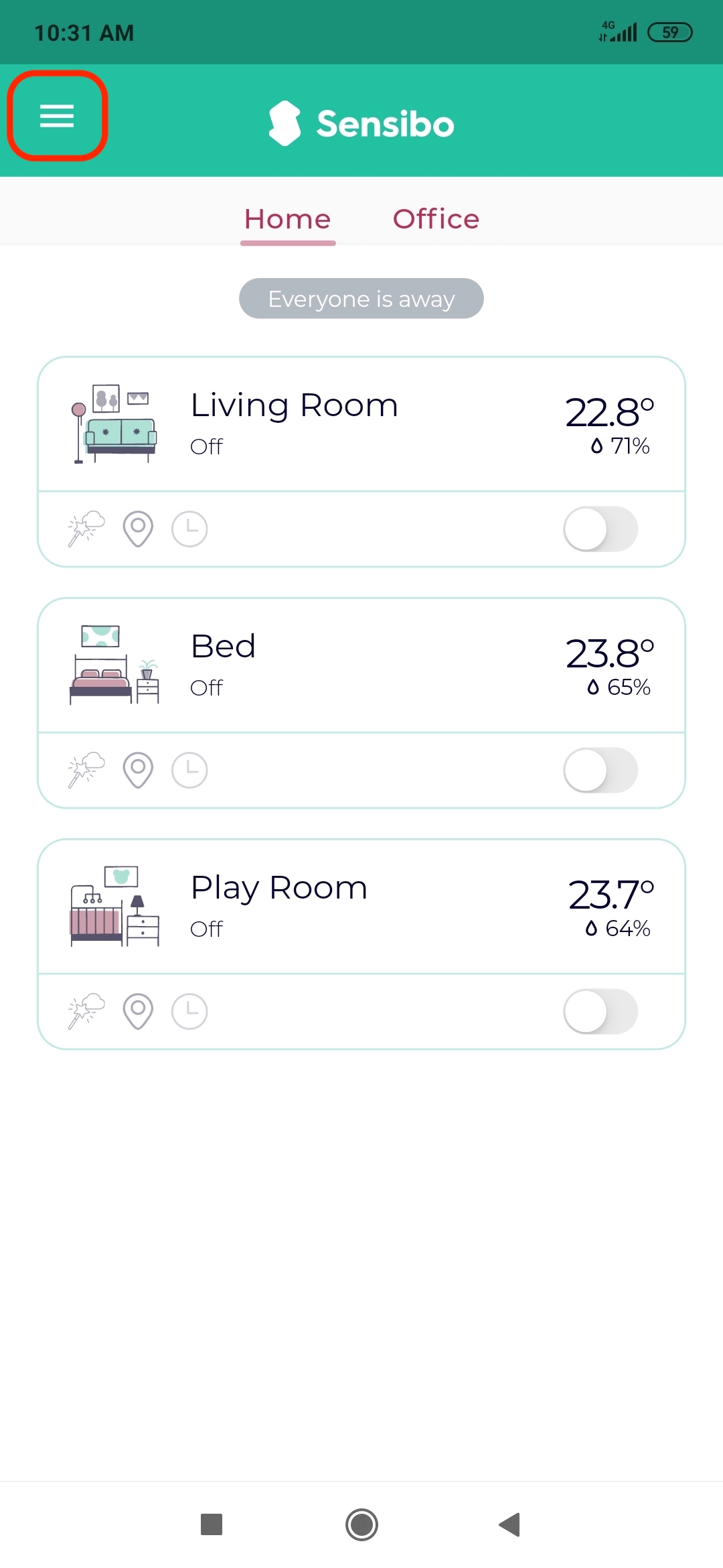 Sensibo main screen menu