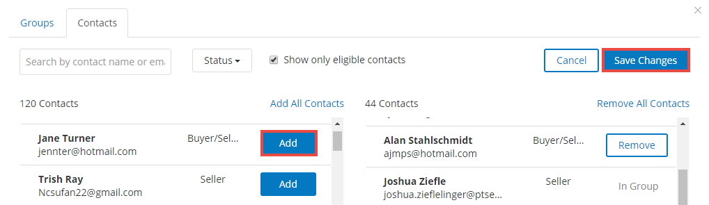 Screenshot of add contact and save changes button on add contacts to campaign option