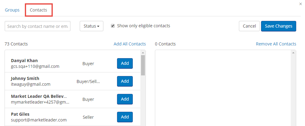 Screenshot of contacts tab on campaign add a contact option