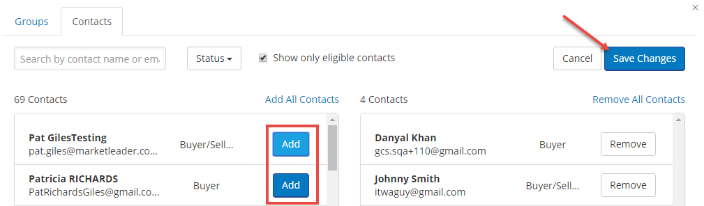 Screenshot of add contact and save changes button on add contacts to campaign option