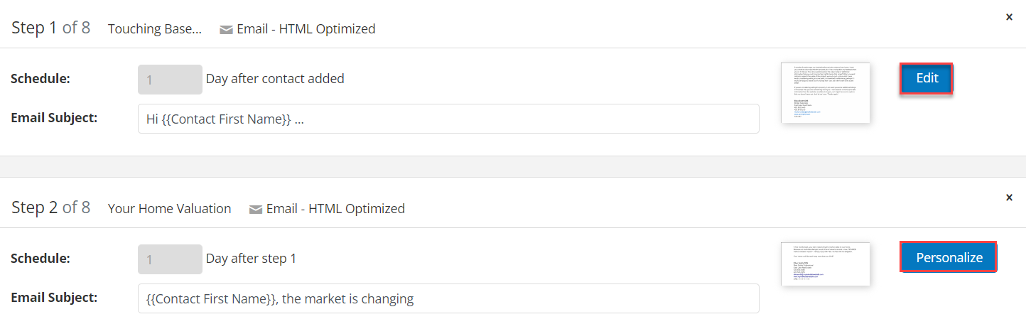 Screenshot of edit and personalize options for campaign steps