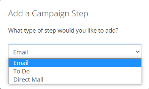 Screenshot of add a campaign step type dropdown- email, print, and activity