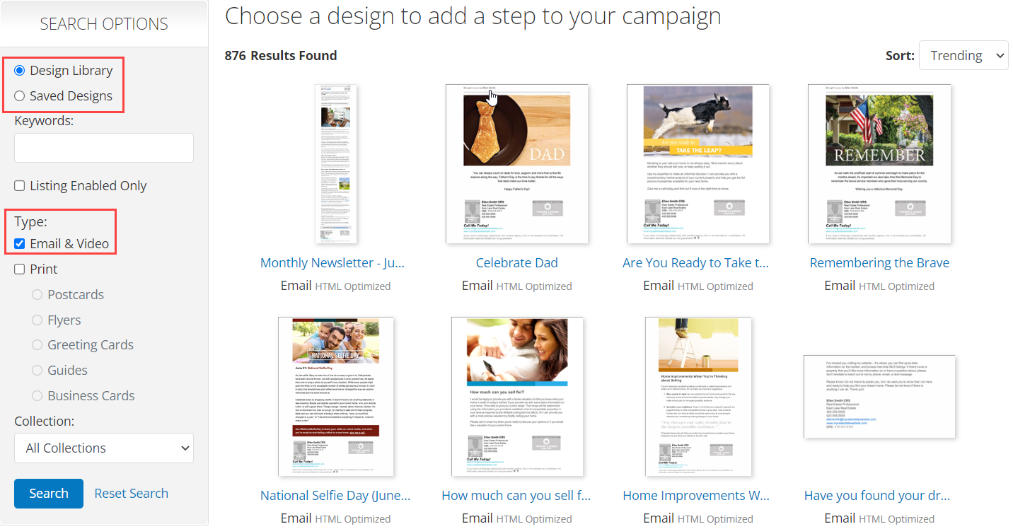 Screenshot of email step search options- design library, saved designs, and design type