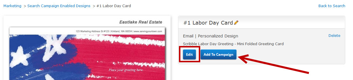 Screenshot of edit button on campaign step for direct mail