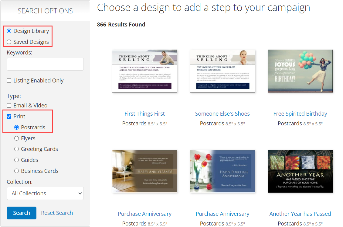 Screenshot of campaign search options- design library, saved designs, and print/ postcards option