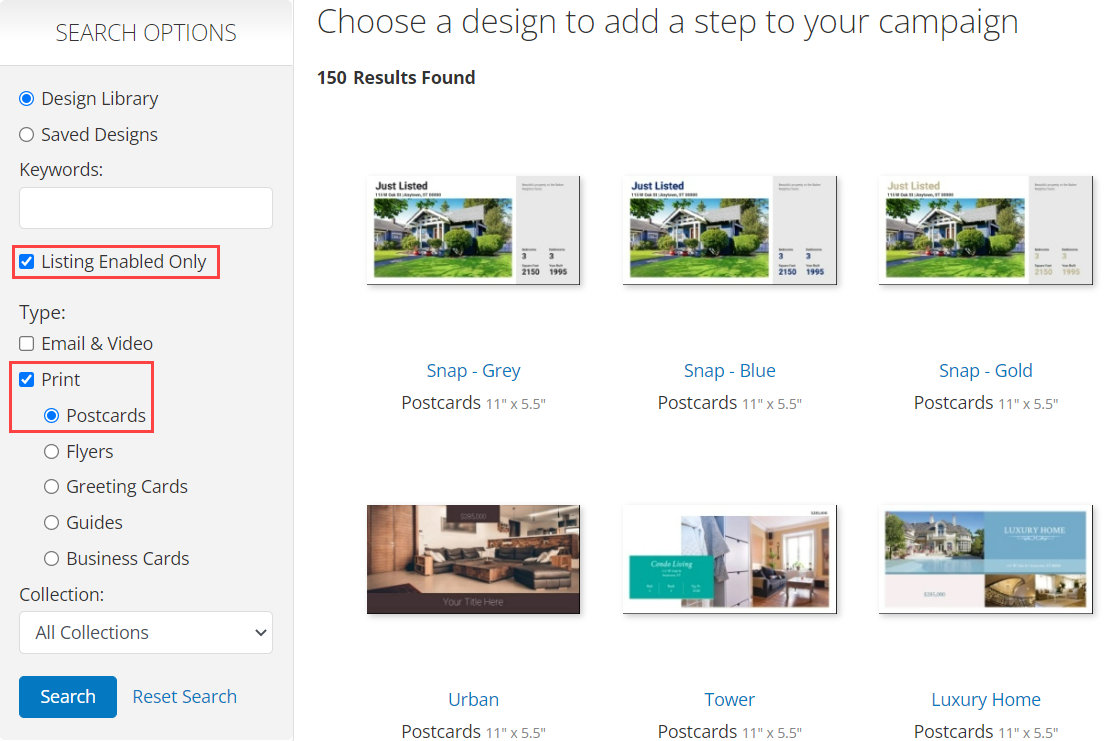 Screenshot of campaign search option- listing enabled only and print/ postcards options
