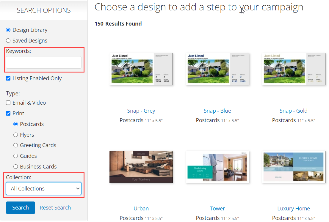 Screenshot of campaigns search options- keywords and collections