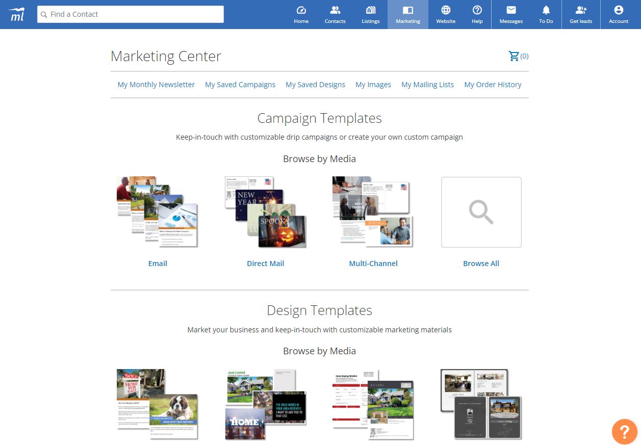 The front page of the marketing center. All design options including email, print, and campaigns.