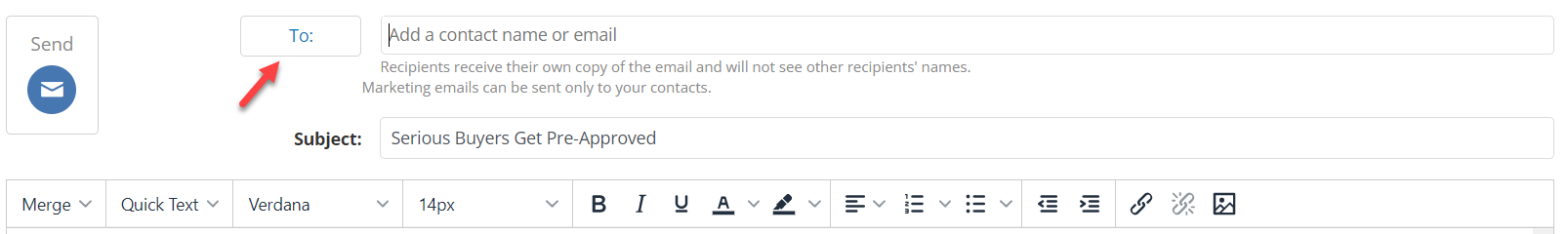Screenshot showing the "To" button to select contacts for email