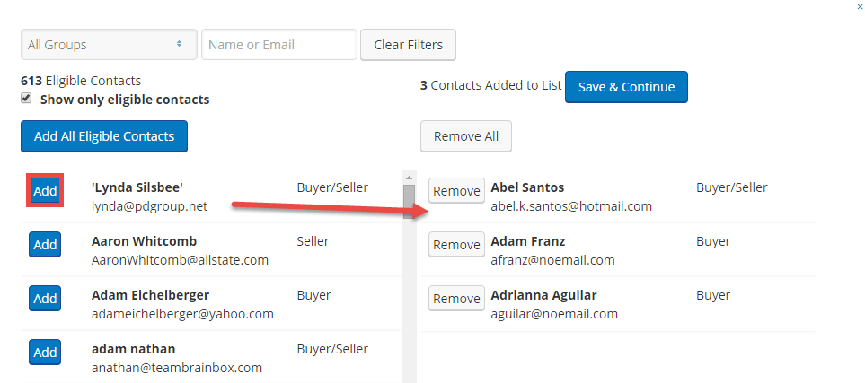 Screenshot showing the "Add" button for selecting contacts for email