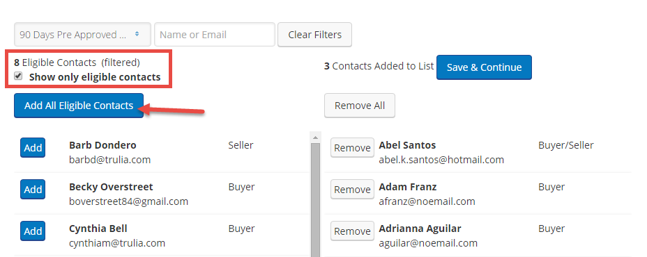 Screenshot showing the eligible contacts filter and how to select all eligible contacts