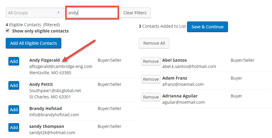 Screenshot showing how to search a specific name to add contacts to an email