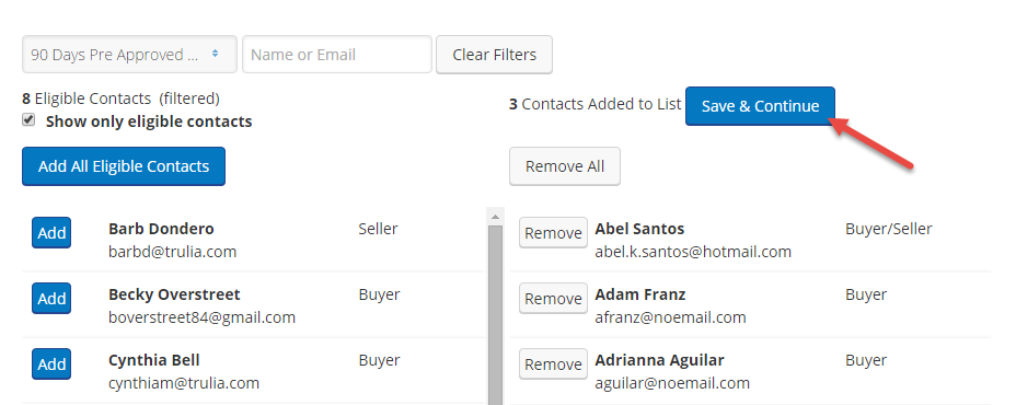 Screenshot showing Save and Continue button to add contacts to an email