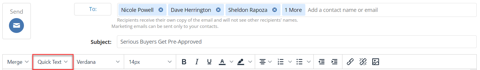 Screenshot showing the option to add a Quick Text to an email