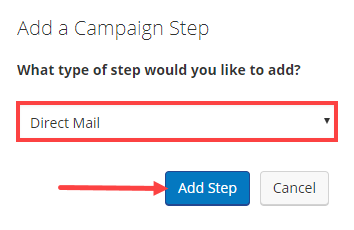 Screenshot of campaign step types- direct mail step shown