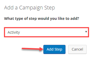 Screenshot of campaign step types dropdown showing activity