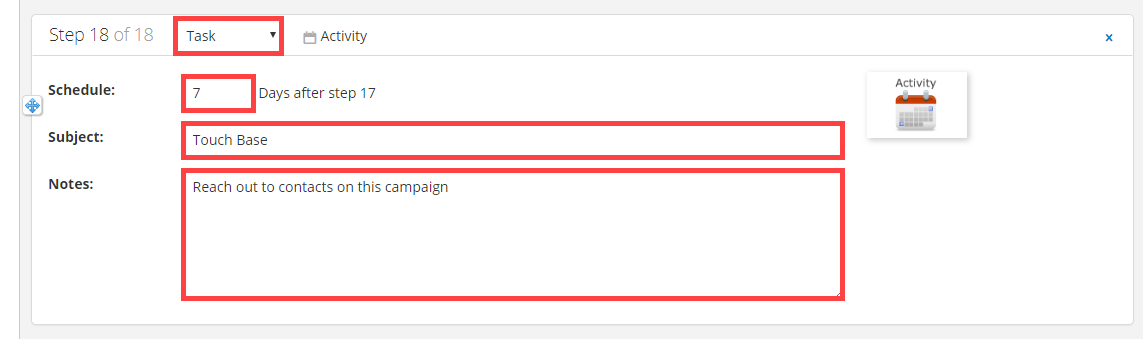 Screenshot of campaign task options- schedule, subject, and notes