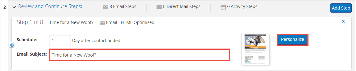 Screenshot of email subject line and personalize button for campaign step