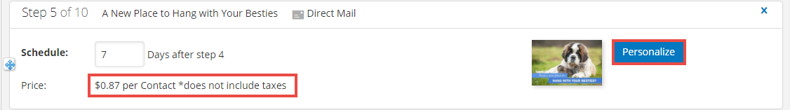 Screenshot of direct mail step pricing and personalize button
