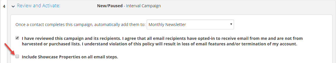 Screenshot of option to check off if you would like to showcase properties on campaign emails