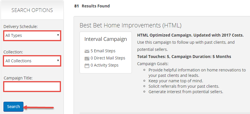 Campaign search options- delivery schedule, collection, and campaign titles