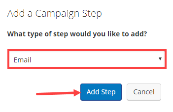 Screenshot of choice of campaign step dropdown
