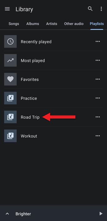 Playlists tab with an arrow pointing at a playlist